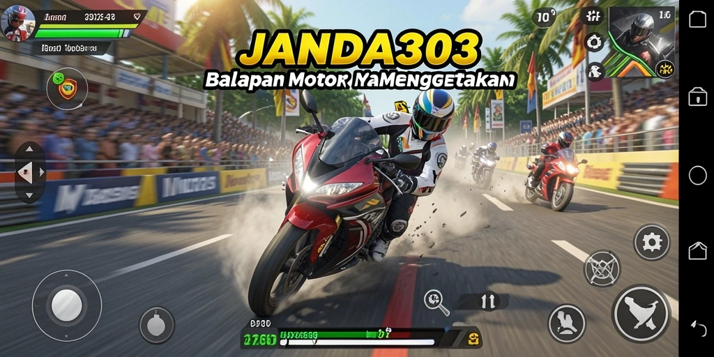 Screenshot gameplay JANDA303 dengan aksi balapan motor yang mendebarkan.
